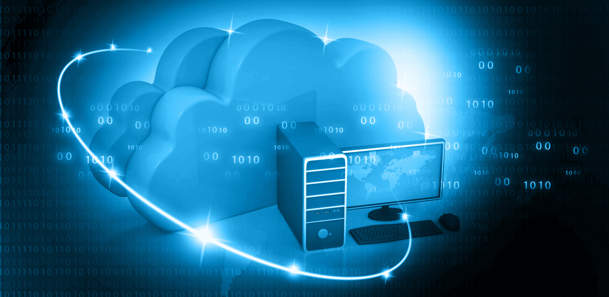 PC and monitor with two blue clouds behind it, surrounded by a blue ring that implies hybridity