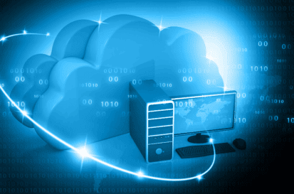 PC and monitor with two blue clouds behind it, surrounded by a blue ring that implies hybridity